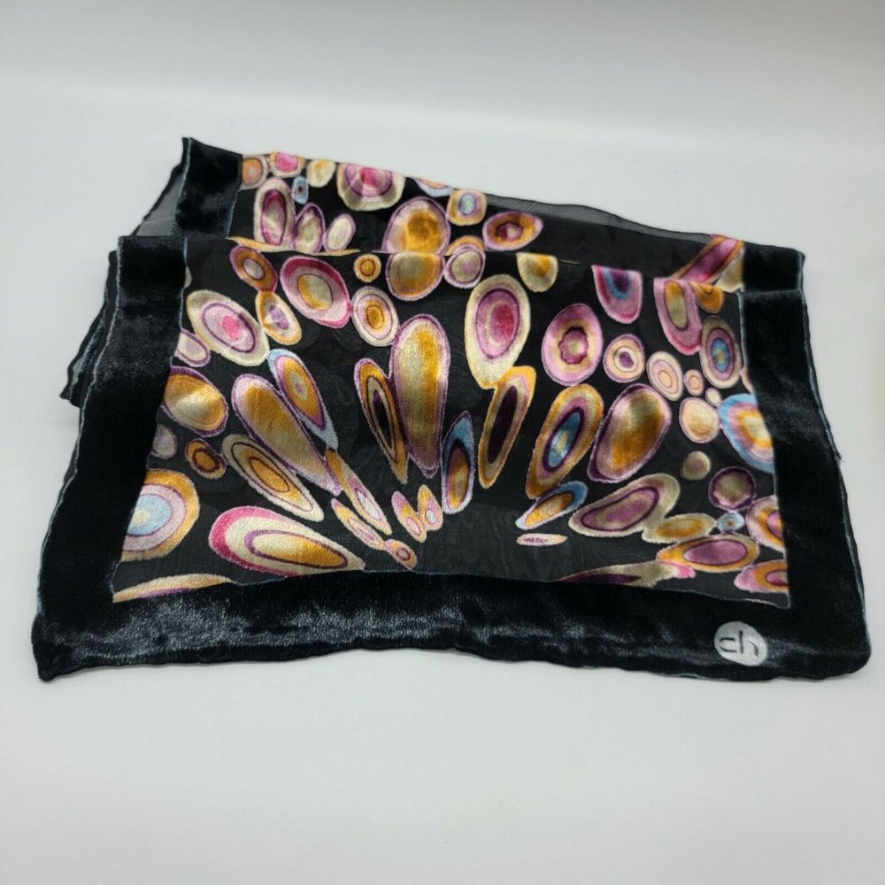 Vintage CAROLINA HERRERA Rectangle Soft Black Womens Scarf Geometric Oval Print